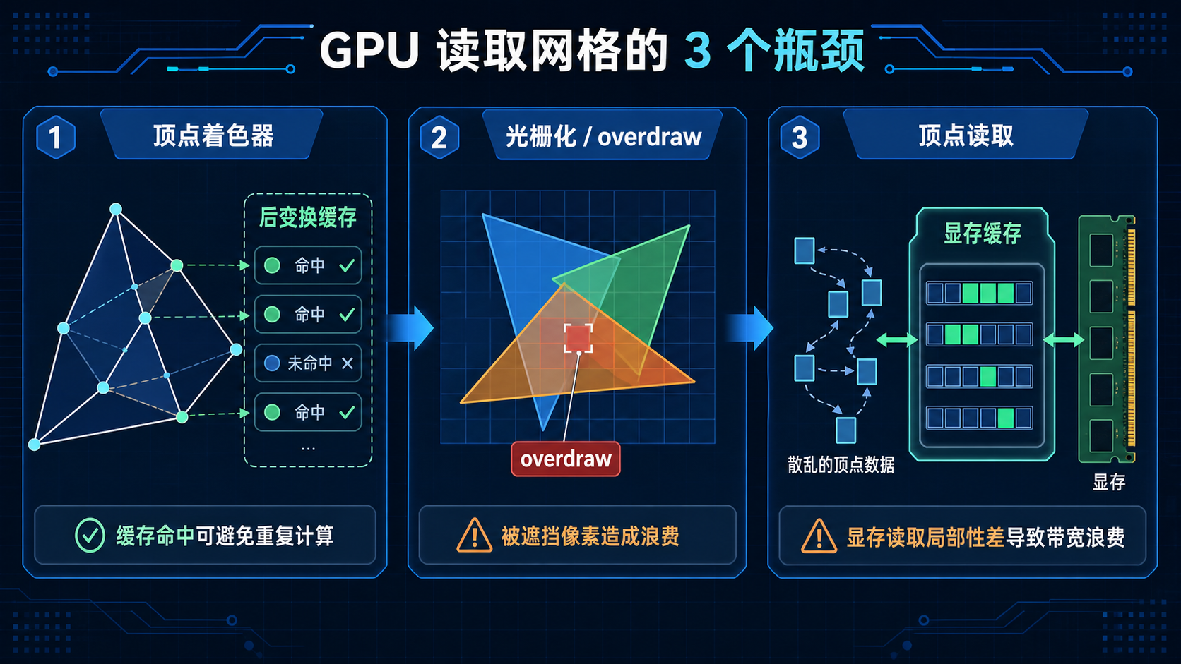 GPU 读取网格时的三个性能瓶颈:顶点着色器缓存、overdraw 和显存读取